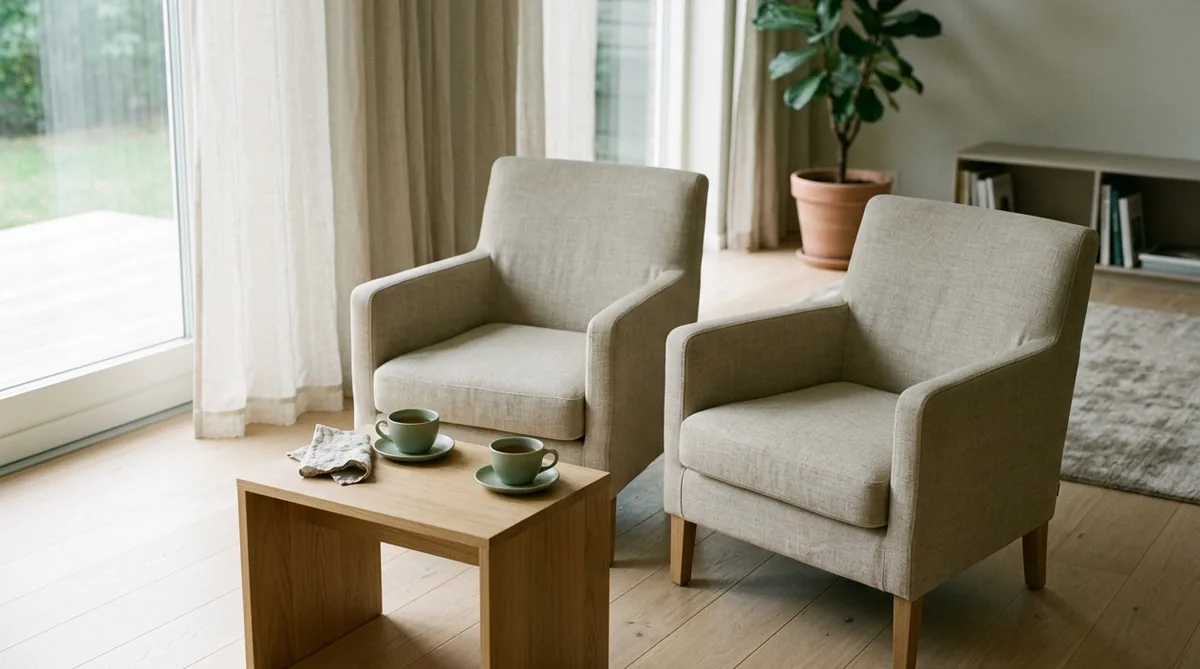 Deux fauteuils séparés dans une pièce calme au petit matin, lumière douce