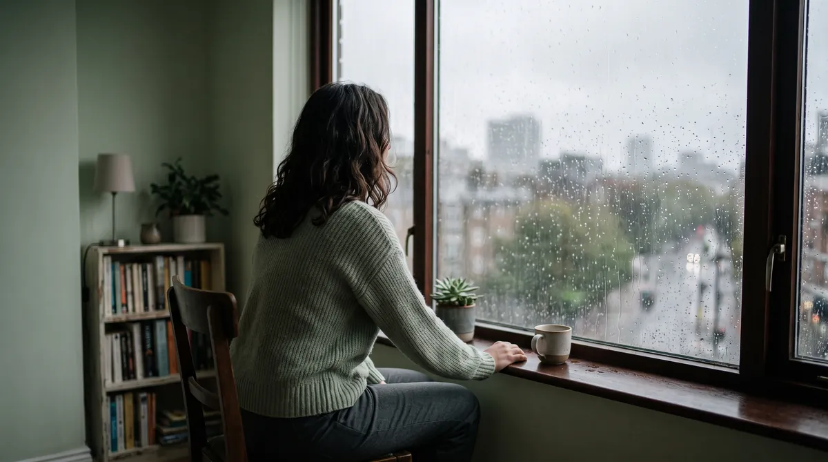 Femme pensive à la fenêtre au petit matin, attente et attachement