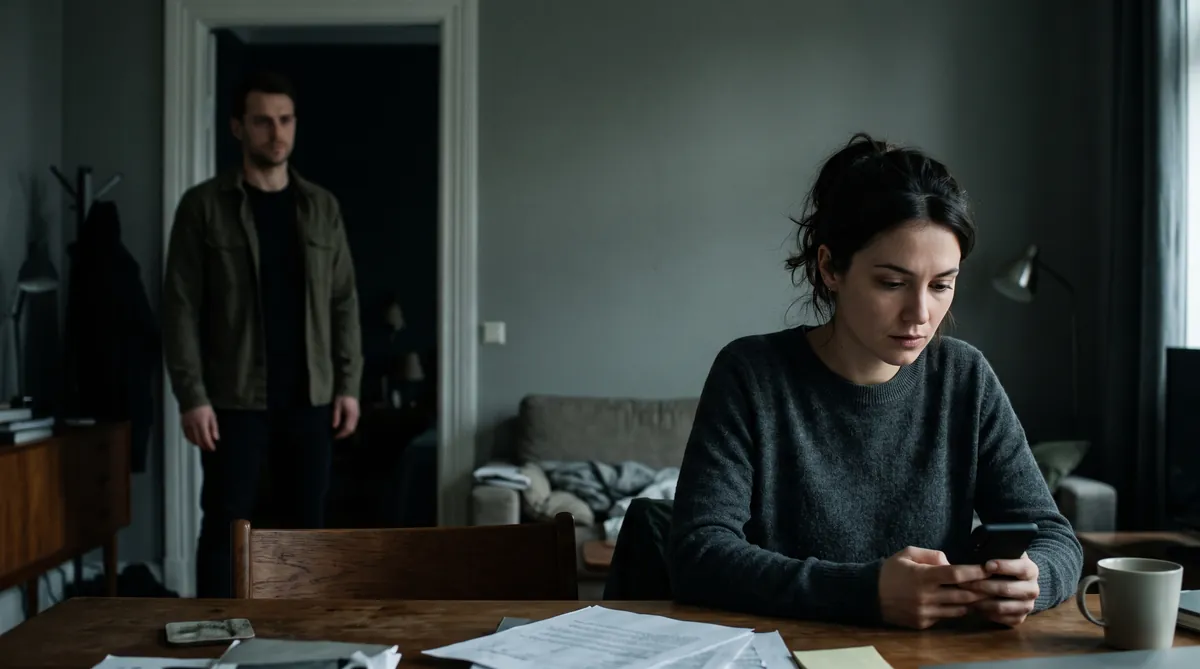 Silhouette qui consulte un téléphone dans la pénombre, image évoquant la jalousie maladive