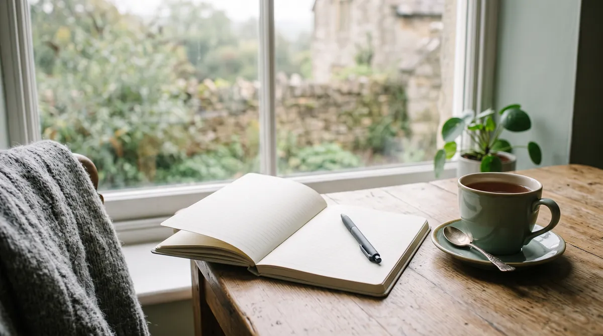 Carnet ouvert et tasse de thé près d'une fenêtre, moment d'introspection avant le test de dépendance affective